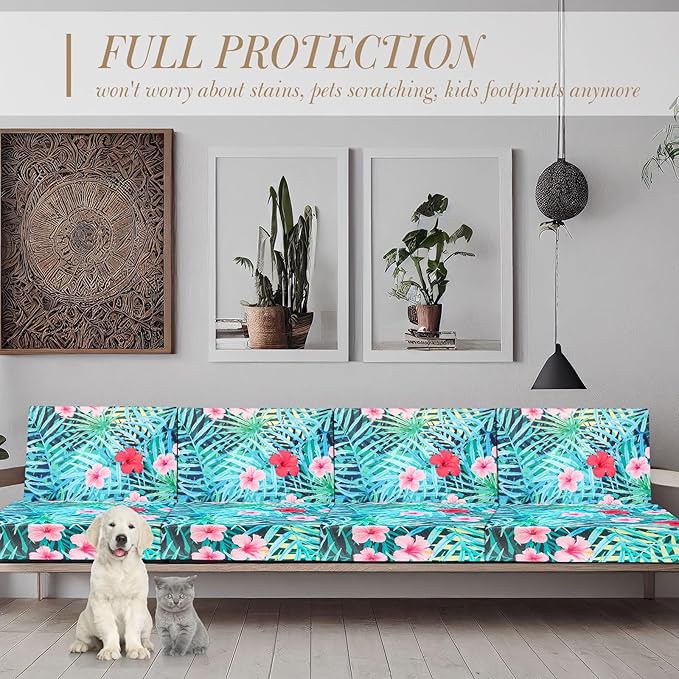 Newwiee 8Pcs Patio Cushion Covers Stretch Outdoor Cushion Cover Replacement for Patio Furniture Sofa Couch Slipcovers, Soft Flexibility Washable Furniture Protector(Fresh Floral,Fresh Color)