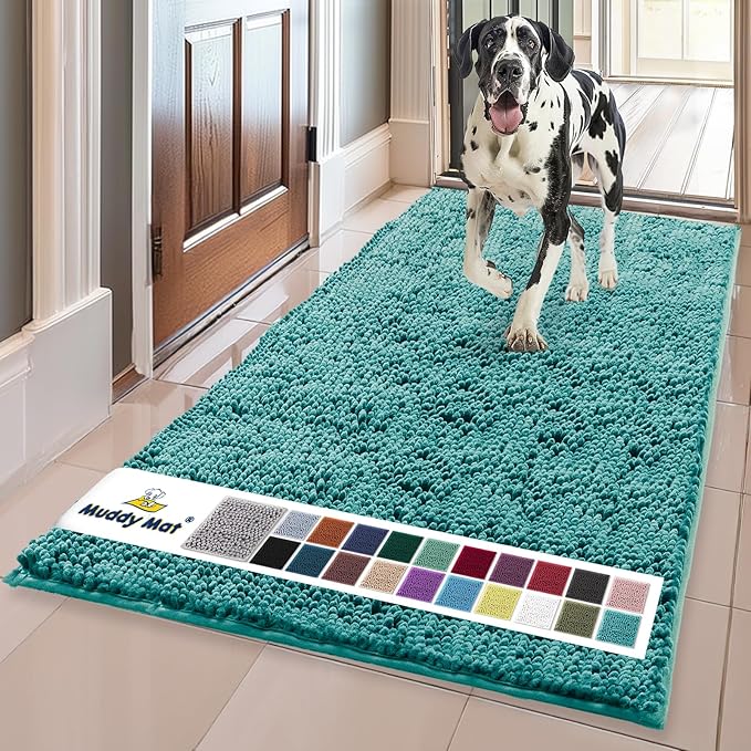 Muddy Mat® | Super Absorbent Door Mat Indoor, Microfiber Quick Dry Chenille Entryway Rug, Non-Slip Front Door Mat, Indoor Mats for Entryway, Machine Washable Pet Rug, Teal 24" x 72"