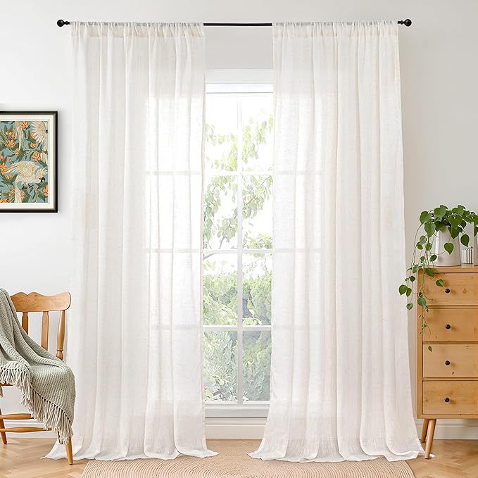 Linen Blend Curtain Panels, Light Filtering, 102 Inch, Set of 2