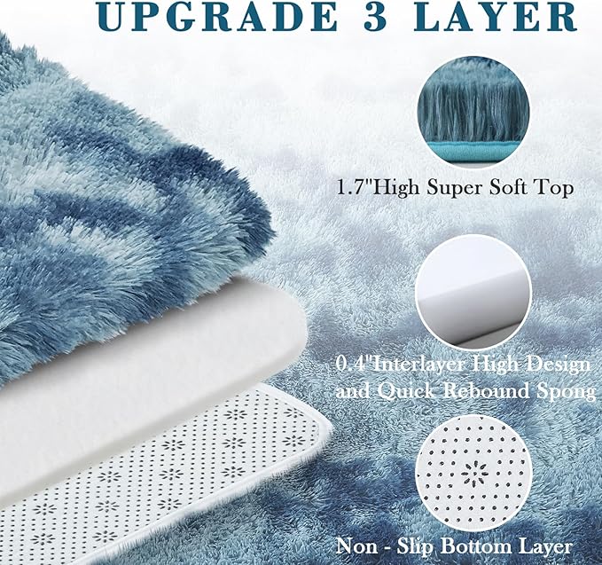 Area Rugs 9x12 Living Room, Large Area Rug Shag Shaggy Carpet Soft Plush Furry Bedside Rug, Machine Washable Area Rugs for Bedroom Kids Girls Boys Anti Slip(9 x 12, Dark Blue Tie-Dyed)
