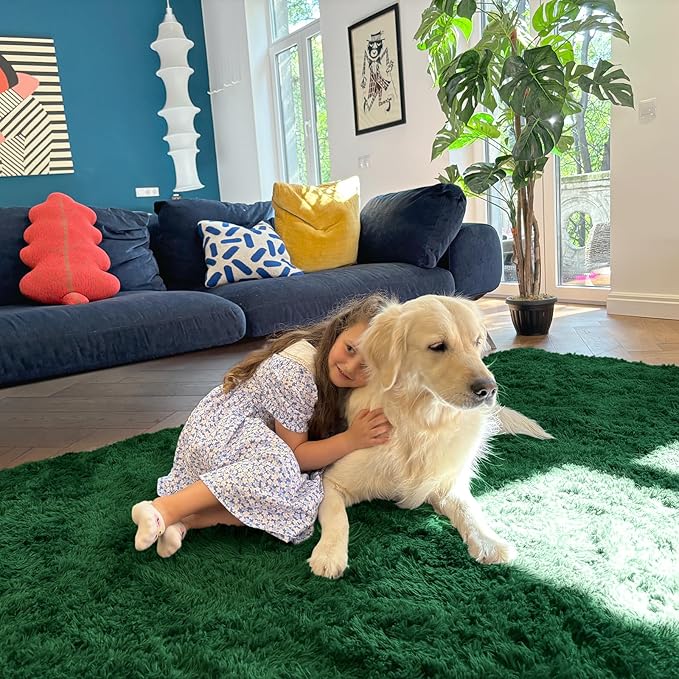 OLANLY 5x7 Machine Washable Large Area Rugs for Living Room, Bedroom, Soft Fluffy Shaggy Bedside Rug, Indoor Floor Carpet for Kids Girls and Boys, Dorms, Nursery, Home Decor Aesthetic, Dark Green