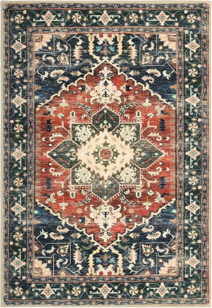 Yamaziot Washable Area Rug, 2x3 Small Entryway Rug Non-Slip Boho Vintage Rug with Rubber Backing, Low Pile Faux Wool Soft Distressed Floor Carpet for Indoor Door Mat, Kitchen, Laundry Bathroom