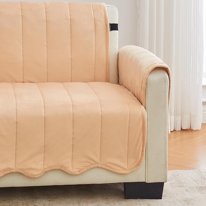 Great Bay Home Velvet Loveseat Cover - Washable Slipcover Furniture Protector with Elastic Straps - Furniture Cover for Dogs, Kids, and Pets - Stitched Detail (Peach)