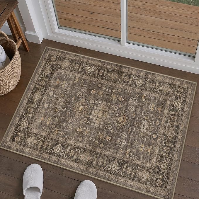 2x3 Washable Area Rug for Entryway Kitchen Vintage Brown Non Slip Low Pile Door Mat Traditional Retro Soft Small Carpet for Bathroom Bedroom Indoor Entrance Dorm