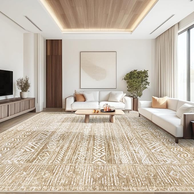 Living Room Rugs 9x12: Washable Moroccan Geometric Boho Rug Farmhouse Non Slip Stain Resistant Large Rug Low Pile Soft Carpet for Bedroom Dining Room Kids Room (Light Brown,9'x12')