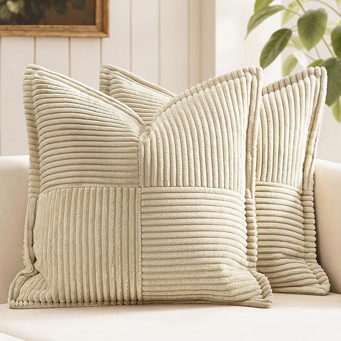 MIULEE Decorative Throw Pillow Covers for Couch Bed Livingroom 16x16 Inch Set of 2 Cream Boho Accent Throw Pllows Broadside Striped Patchwork Soft Corduroy Pillowcases
