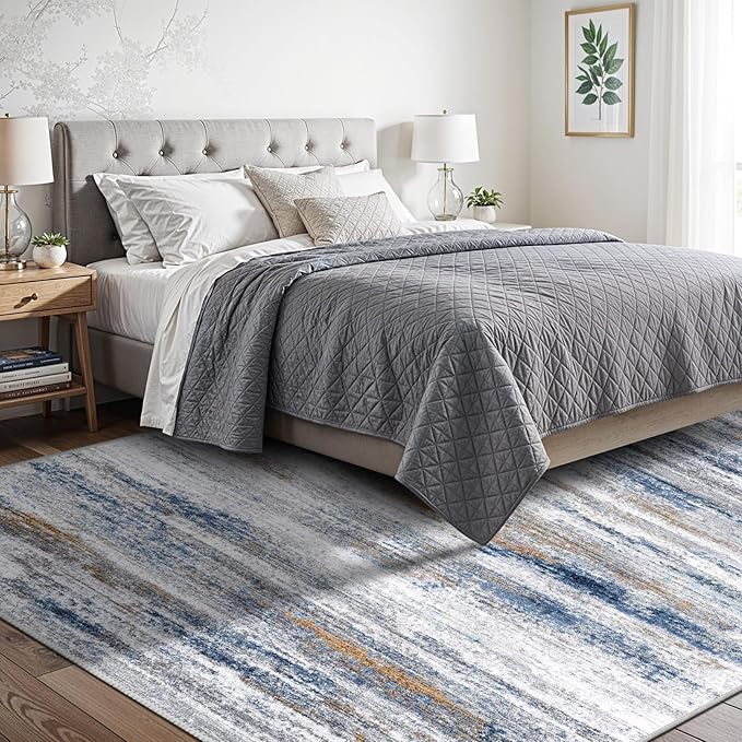 6x9 Area Rug for Living Room: Non-Slip Washable Rugs for Dining Room Bedroom Study Home Office - Easy-to-Clean Stain and Water Resistant Carpet - Soft Low-Pile Mat Navy Grey