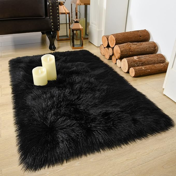 LOCHAS Soft Fluffy Faux Fur Rugs for Bedroom Bedside Rug 2x3 Feet, Washable, Furry Sheepskin Area Rug for Living Room Girls Room, Luxury Shag Carpet Home Decor, Black