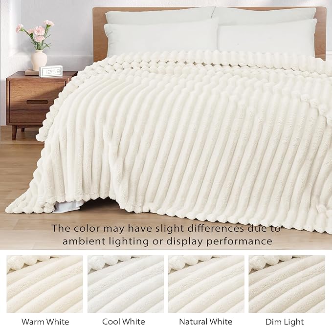 Exclusivo Mezcla Fleece Throw Blanket for Couch, Super Soft Striped Jacquard Bed Blanket, Lightweight Fuzzy Cozy for All Seasons, 50x60 Inches, Ivory