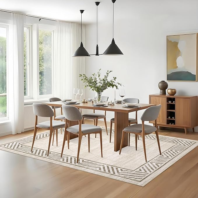 GarveeHome Bordered Bedroom Rugs 5x7 Ultra-Soft Indoor Carpet, Non-Slip Modern Geometric Living Room Rug, Stain-Resistant Neutral Accent Floor Cover for Dining Room, Nursery, Office, Beige