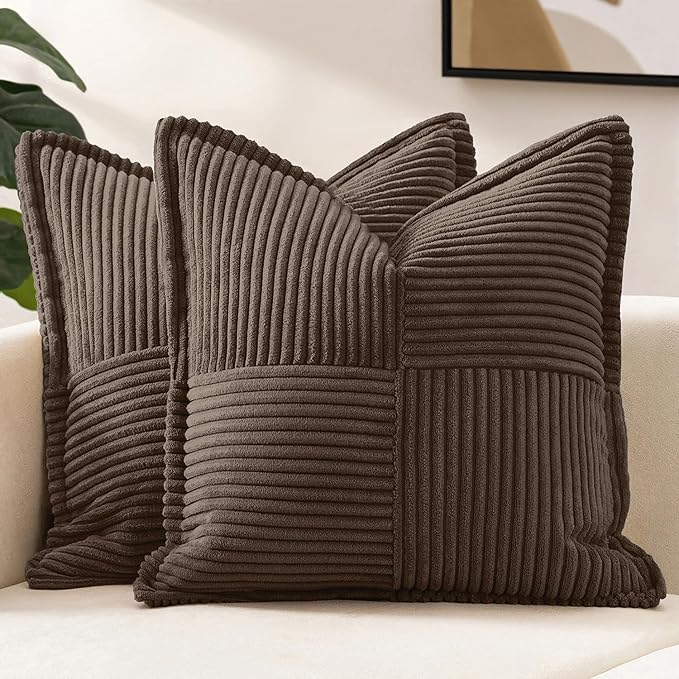 MIULEE Decorative Throw Pillow Covers for Couch Bed Livingroom 18x18 Inch Set of 2 Dark Brown Boho Accent Throw Pllows Broadside Striped Patchwork Soft Corduroy Pillowcases