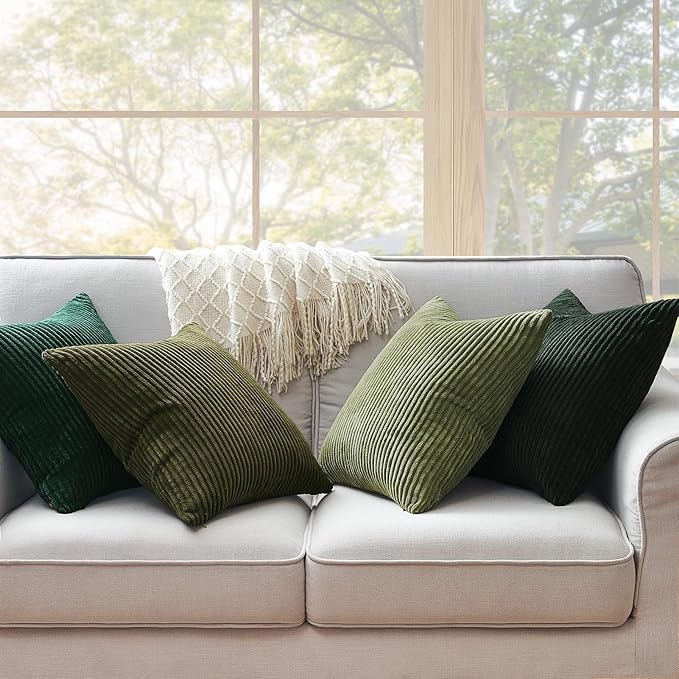 Topfinel Christmas Decorative Throw Pillow Covers Green Series,Winter Fluffy Corduroy Striped Euro Pillows Shams for Couch Bed Bedroom,Western Modern Hunter Green Pillowcase 24x24 Inch Set of 4