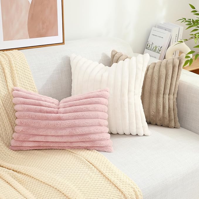 decorUhome Summer Cozy Faux Fur Throw Pillow Covers 12x20 Set of 2 Decorative Soft Plush Striped Lumbar Modern Farmhouse Boho Couch Pillow Cases with Velvet Back for Sofa Bed Living Room, Pink