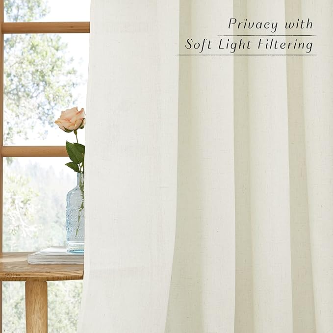 NICETOWN Thick Linen Bedroom Curtains 90 inches Long, Grommet Privacy Assured Semi Sheer Linen Burlap Drapes with Some Light Filtering for Living Room, Off White, W55 x L90, 1 Pair