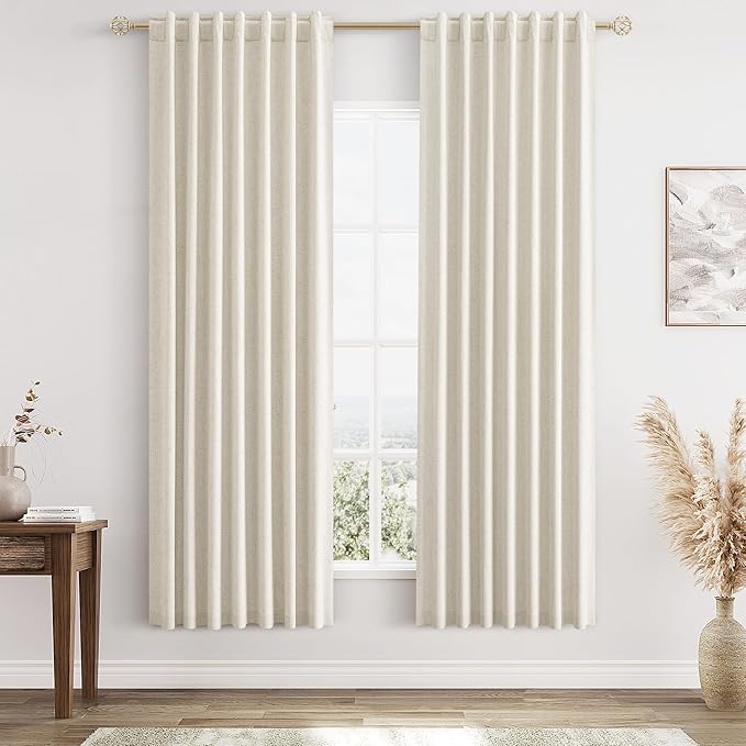 Guken 100% Blackout Linen Curtains 72 Inch Length 2 Panels Set for Living Room Bedroom Back Tab Thermal Insulated Black Out Drapes Room Darkening Farmhouse Style for Bedroom Window Curtains 52x72