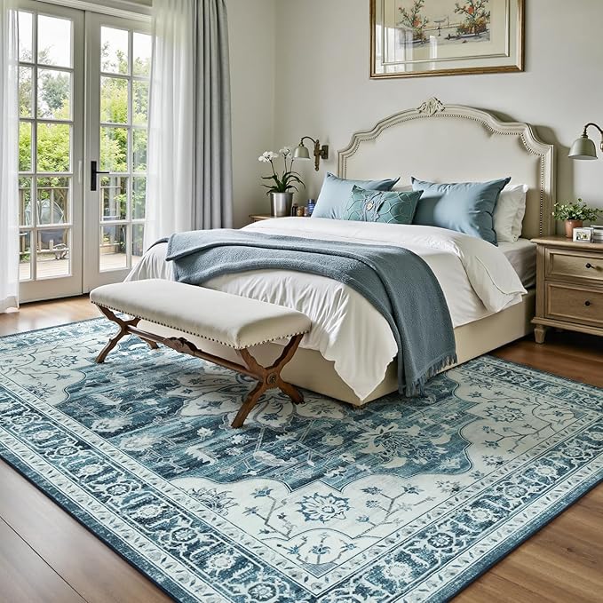 Lofus 8x10 Washable Area Rug, Vintage Floral Rugs for Living Room, Bedroom, Dinning Room, Low Pile Large Area Rugs with Non-Slip Backing, Sunflower Print Pattern, Neutral Blue