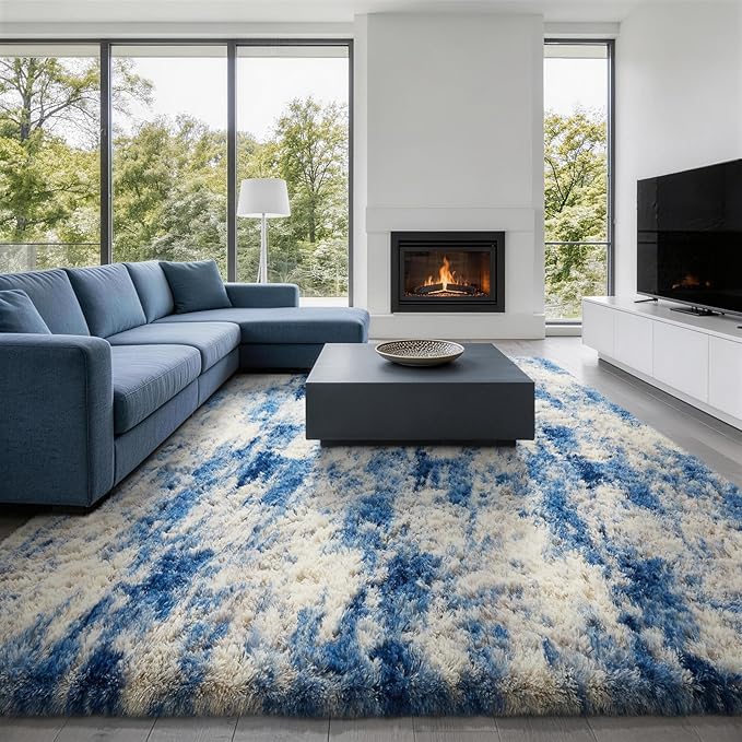 Ophanie Blue White and Grey Area Rugs for Living Room 9x12, Fluffy Shag Large Fuzzy Plush Soft Carpets, Floor Shaggy Rugs for Bedroom, Carpet for Kids Boys Girls Dorm Nursery Home Decor Aesthetic