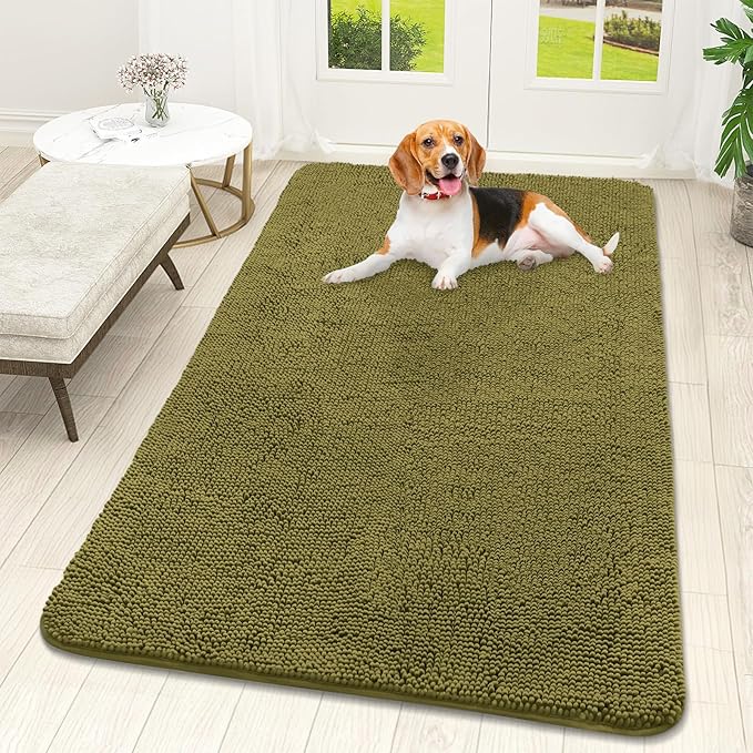 OLANLY Dog Door Mat for Muddy Paws 59x32, Absorbs Moisture and Dirt, Absorbent Non-Slip Washable Doormat, Quick Dry Chenille Mud Mat, Entry Indoor Entryway Carpet for Inside Floor, Willow Green
