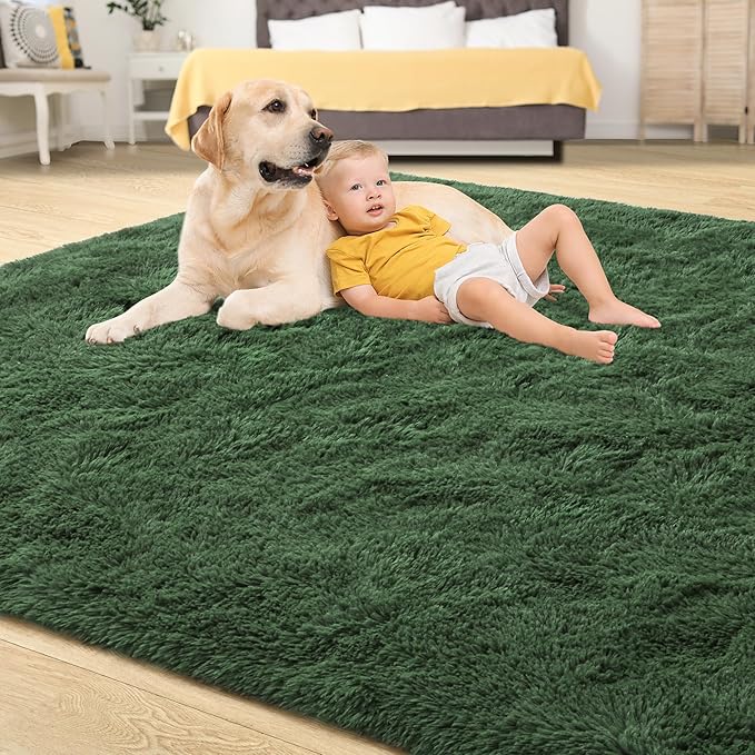 Tepook Soft Fluffy Rugs for Living Room, 5x8 Shaggy Area Rug for Bedroom, Modern Shag Rug Fuzzy Carpets for Kids, Plush Indoor Nursery Home Decor Rug with Non-Slip Bottom, Dark Green