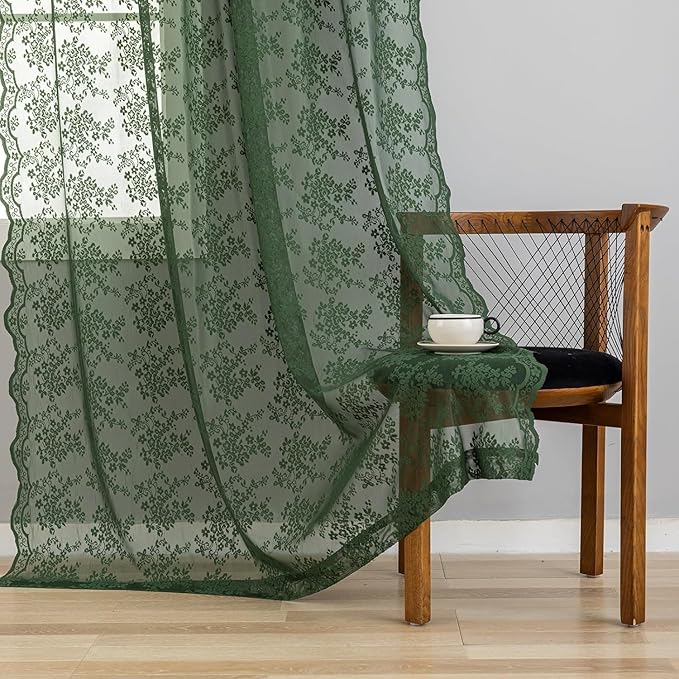 YJ YANJUN Vintage Lace Curtains 108 Inches Long- Victorian Floral Pattern Dark Olive Green Sheer Curtain Panels for High Ceiling Living Room Aesthetic Neutral Decor 52Wx108L Moss Green