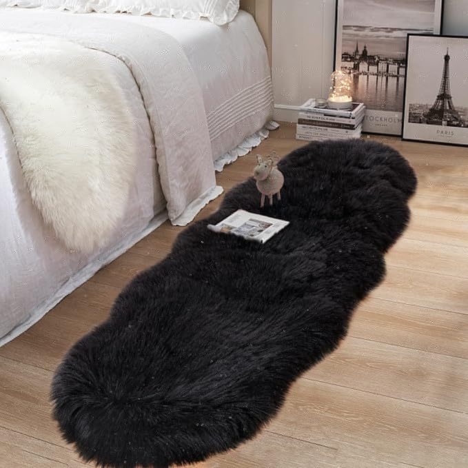 Faux Fur Rug for Bedroom, Fluffy Runner Rugs Soft Sheepskin Rug Sofa Couch Seat Cushion, 2x6ft Black Plush Area Rug Shag Rugs Floor Carpets for Nursery Bedside, Cute Shaggy Fuzzy Home Decor