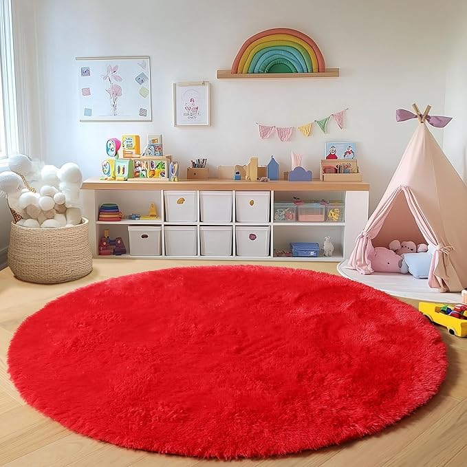 ONASAR Red Round Area Rug 4ft, Soft Bedroom Circle Rugs Floor Mat for Kids Girls Teen Room, Kawaii Fluffy Plush Shaggy Carpet for Nursery Living Room Playroom Christmas Home Decor Princess Castle
