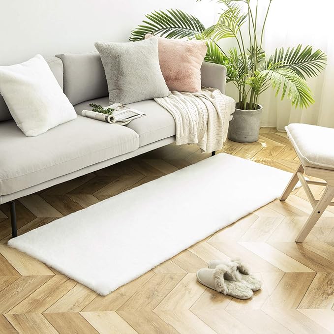 Ashler Faux Fur Rug, Ultra Soft Faux Rabbit Fur, White Area Rugs, 2.2 x 6 Feet Rectangle, Machine Washable Nursery Decor Throw Rugs for Bedroom, Kids Room, Living Room