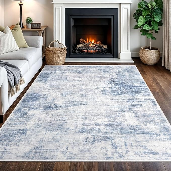 IOHOUZE Abstract Area Rugs 5x7 Ft Washable Rugs for Living Room, Non Slip Dining Room Rug, Printed Faux Wool Rugs for Bedroom, Floor Carpet for Office Nursery Playroom, Light Blue Grey