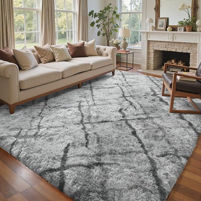 8x10 Ft Extra Large Shag Rugs for Living Room, Tie Dyed Ultra Soft Fluffy Furry Area Rugs for Bedroom Indoor Floor, Aesthetic Carpet for Kids Home Decor (Grey)