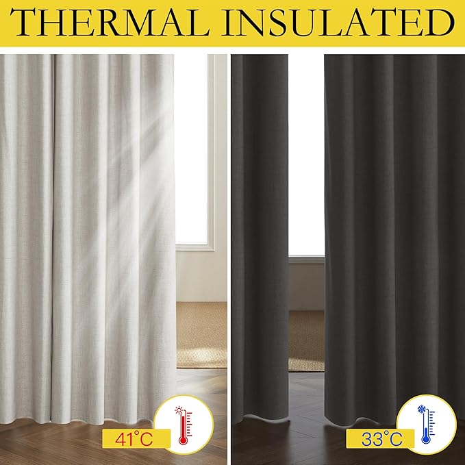 NICETOWN Snowbound Vintage Linen 100% Blackout Curtains for Living Room, Thermal Insulated Curtains 120" Long, Noise Reducing Window Treatment Drapes for Hall Room, 52" Wide Per Panel, Set of 2