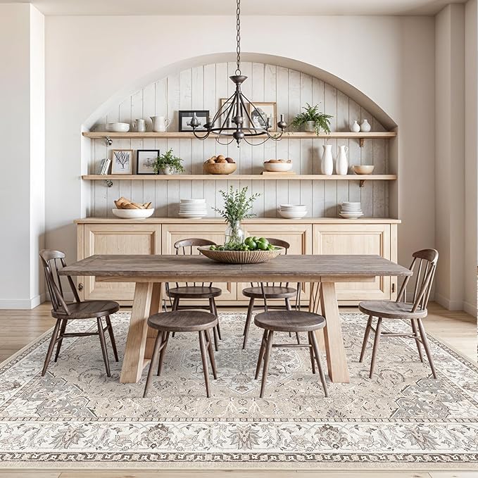 8x10 Living Room Rug for Family- Washable Oriental Stain Resistant Rugs for Bedroom Nursery Non Slip Ultra Soft Carpet for Dining Room Medallion Farmhouse Home Decor Floor Decoration Mat (8x10 Beige)