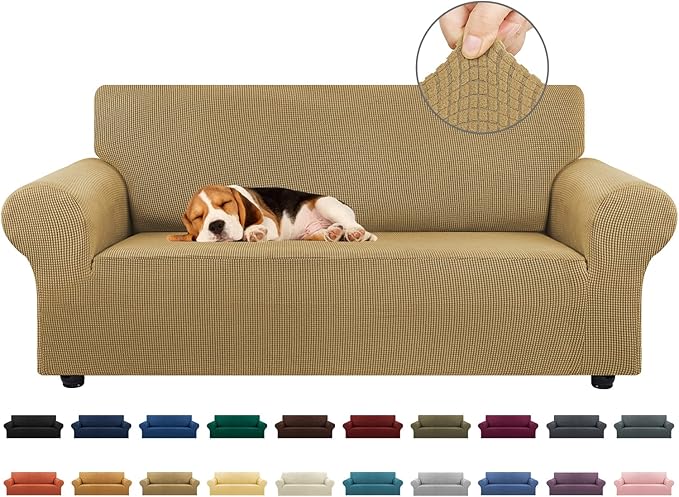 KEKUOU Stretch Loveseat Sofa Cover Slipcover,Couch Covers for 2 Cushion Couch Sofa (55"-78") Furniture Protector Sofa with Elastic Bottom for Kids,Dog. Jacquard Small Checked (Medium,Tan)