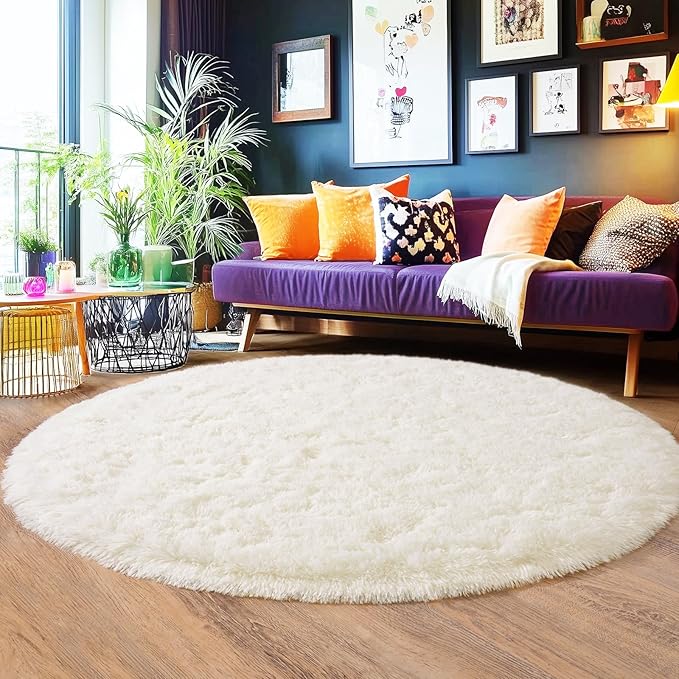 6‘x6’ Cream Round Rugs for Girls Bedroom, Ultra Soft Fluffy Circle Rug for Kids Room, Cute Shag Rugs for Living Room Playroom Tent Castle Home Decor Rug