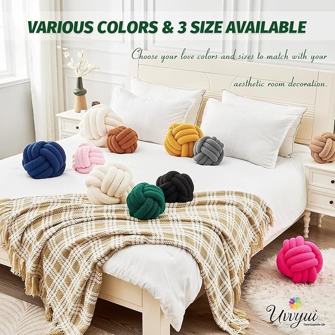 Uvvyui Knot Pillow Ball, Soft Home Decorative Pillows, Round Throw Pillow, Handmade Knotted Plush Pillow, Round Boucle Pillow Cushion (14 Inches Dark Green)