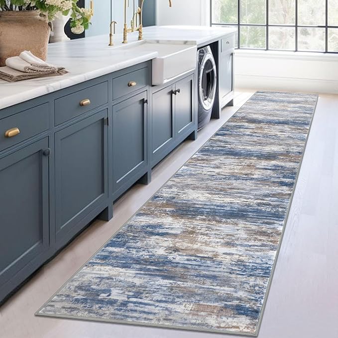 KOZYFLY Modern Abstract Washable Rug Runner 2.6x12 Hallway Rug Runner Non-Slip Soft Kitchen Runner Rugs, Blue Rust Striped Carpet for Entryway Bathroom Laundry Room Foyer