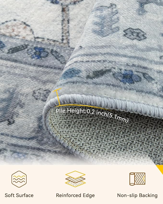 Area Rugs 7ft Washable Non-Slip, Floral Vintage Distress Print Pattern Medallion Carpet for Living Room Bedroom Dining Room, Light Blue Navy Beige Gray White