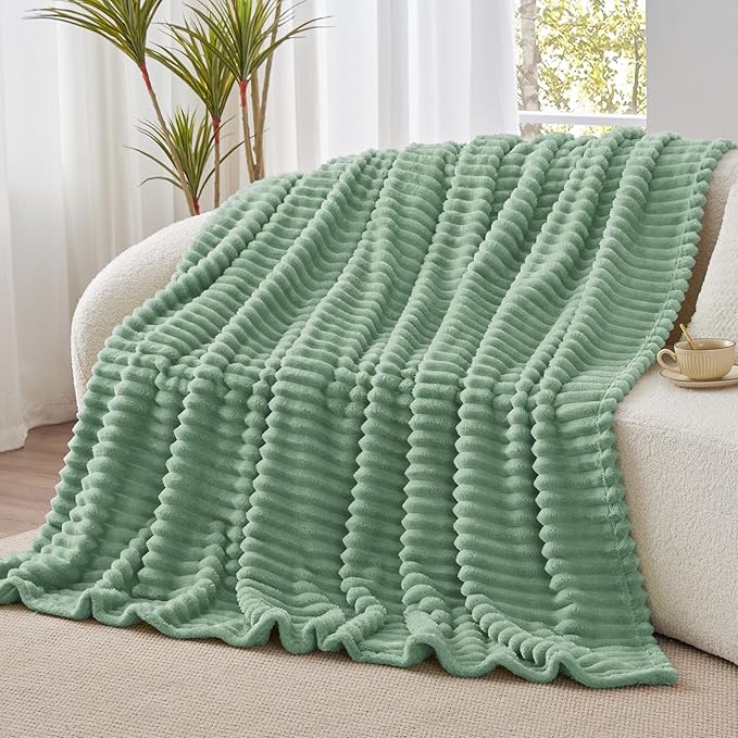 BEDELITE Twin Blanket for Couch & Bed, 300GSM Soft & Warm Fleece Blanket, Decorative and Giftable Striped Green Blankets for Women, Men, 60"x80"