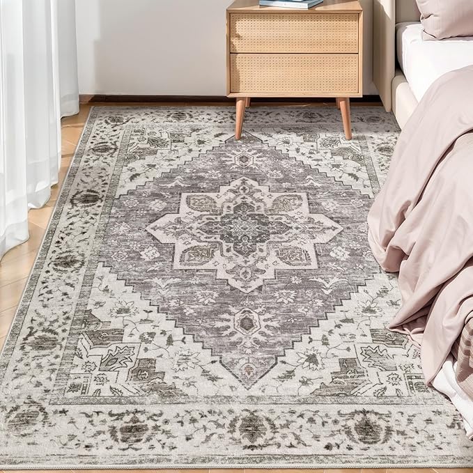 SERISSA Area Rug 3x5 Boho Rugs for Bedroom, Washable Kitchen Rugs Non-Slip, Ultra Soft Print Distressed Entry Rug Low-Pile Throw Rug Earth Tone Carpet for Bedroom Nursery Living Room Decor