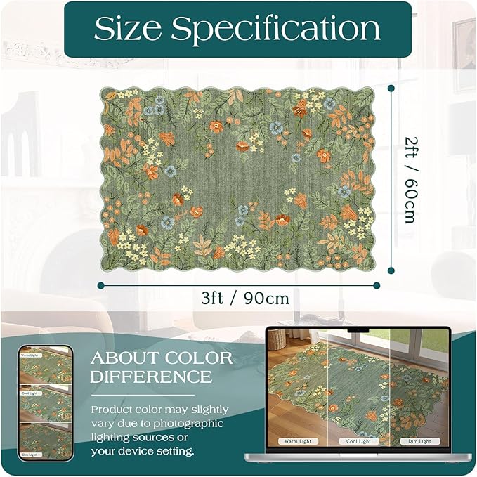Front Door Mat Outside Entrance - 2x3 Spring Green Sage Floral Non-Slip Washable Doormat Indoor Outdoor Mat Boho Vintage Entry Rug Small Throw Rugs for Entryway Kitchen Front Porch Decor