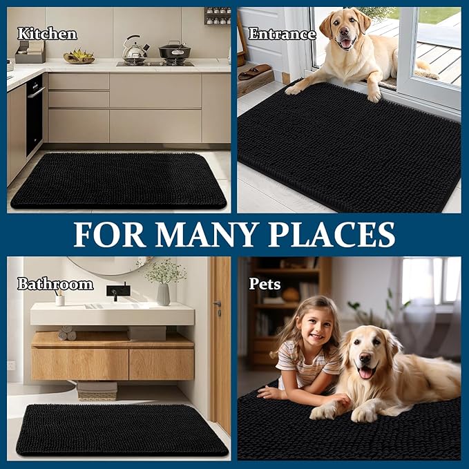 OLANLY Dog Door Mat for Muddy Paws 48x30, Absorbs Moisture and Dirt, Absorbent Non-Slip Washable Doormat, Quick Dry Chenille Mud Mat for Dogs, Entry Indoor Entryway Carpet for Inside Floor, Black