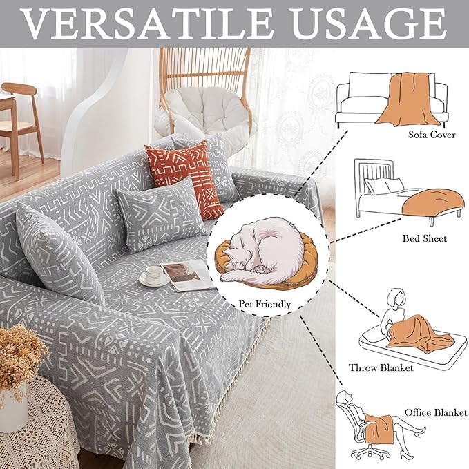 HANDONTIME Bohemian Grey and White Couch Cover for Dogs Aztec Tribal Sofa Covers for 3 Cushion Couch Aesthetic Tassel Couch Slipcover Sofa Seat Cover Universal Loverseat Cover Futon Cover, 71" X150"