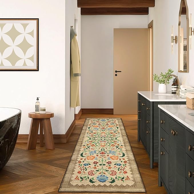 GarveeHome Floral Rug 2.5x10 Runners for Hallways, Boho Kitchen Runner Rugs Non Slip Bath Runners, Vintage Washable Runner Rug for Bedroom, Soft Long Rugs for Entryway Bathroom Laundry Dorm, Beige