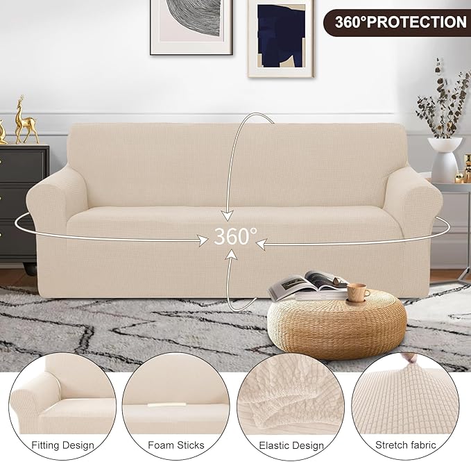U-NICE HOME Stretch Couch Cover Sofa Cover Washable Sofa Slipcover Furniture Protector for 3 Cushion Couch Sofa Pet Friendly(Sofa, Beige)