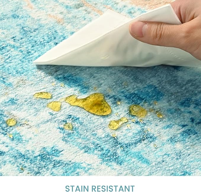 Ompaa Living Room Rug 6x9 Teal Blue Area Rug Machine Washable Boho Rug Non Slip Abstract Vintage Indoor Large Rugs for Bedroom, Classroom, College Dorm, Farmhouse, Dining Room, Kids Playroom