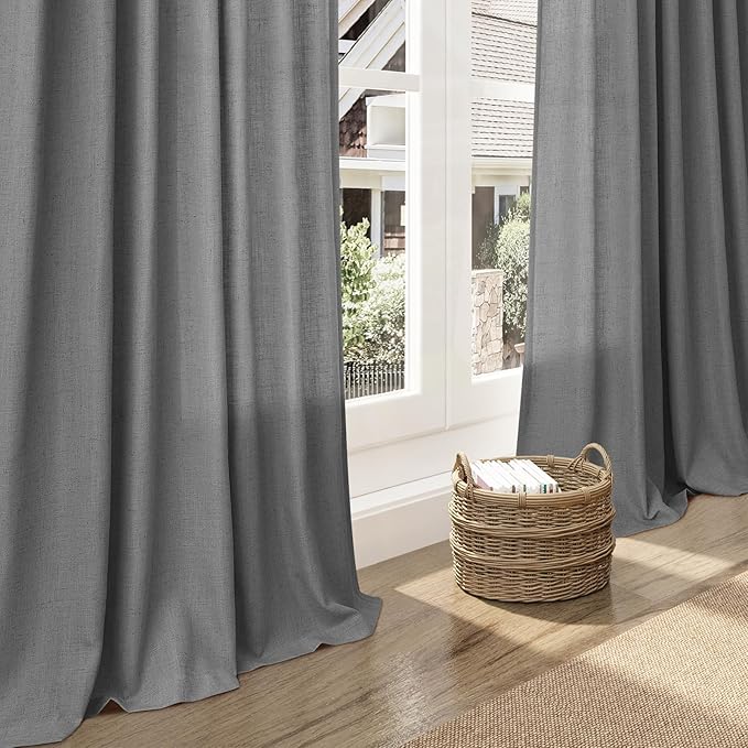 Nanspring Dark Grey Linen Curtains 80 Inches Long for Bedroom Rod Pocket Back Tab Light Filtering Semi Sheer Curtain Farmhouse Decor Linen Textured Drapes for Living Room 2 Panels Set 52x80