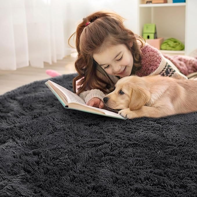 OLANLY Black Round Rugs for Bedroom - Machine Washable, 3 ft Circle Area Rugs for Living Room, Soft and Fluffy Shaggy Carpet for Teen Girls and Boys, Nursery Rooms, Dorms, Home Decor Aesthetic