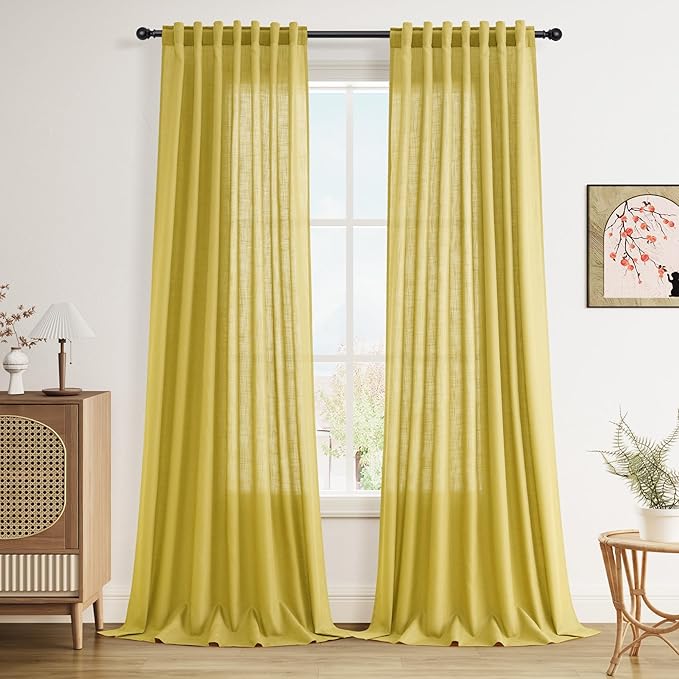 Celery Yellow Linen Curtains 102 Inches Long 2 Panel Set Back Tab Rod Pocket Semi Sheer High Window Drapes Light Filtering Burlap Look for Neutral Farmhouse Decor Curtain in Living Room 52x102