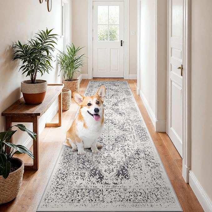2x8 Washable Hallway Runner Rug - Vintage Kitchen Runners Low Pile Carpet Soft Thin Floor Runner with Rubber Backing for Entryway Living Room Home Decor (Distessed Grey)