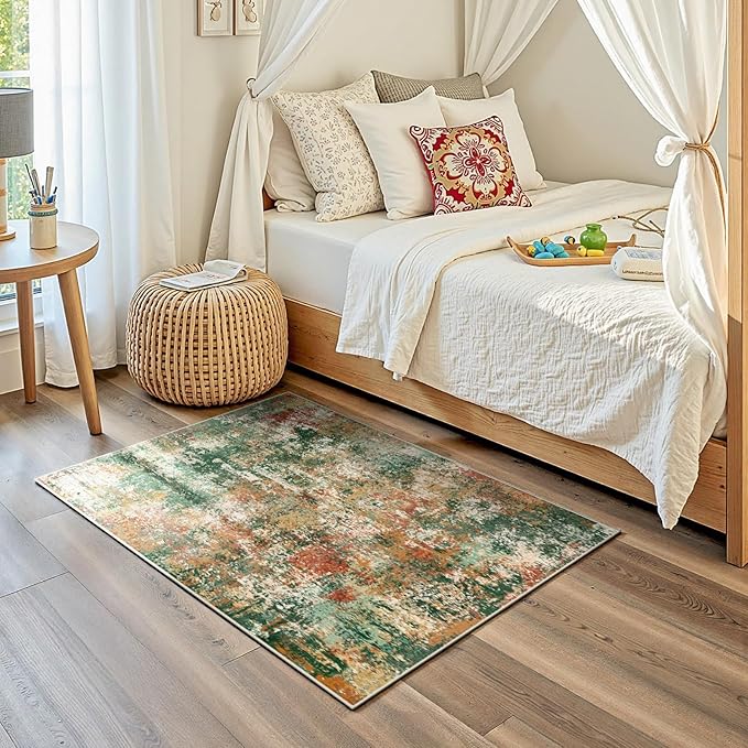 Washable Area Rugs 3'x5' Non-Slip Modern Abstract Soft for Living Room Entryway Bedroom Nursery, Print Pattern, Green Orange Rust Red Cream Colorful