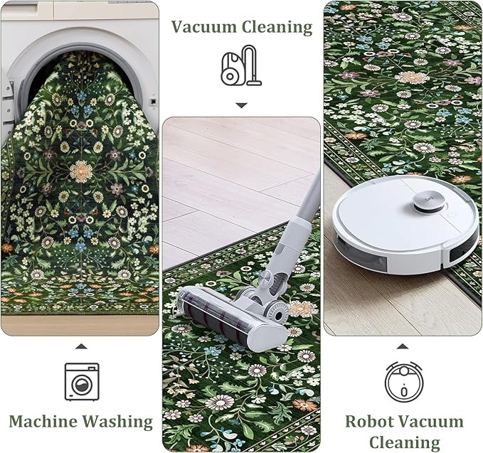 Yamaziot Washable Runner Rug 2x8 – Boho Non Slip Floral Hallway Runner Rug with Rubber Backing, Low Pile Distressed Carpet for Kitchen, Laundry, Bedroom, Entrance, Colorful Green